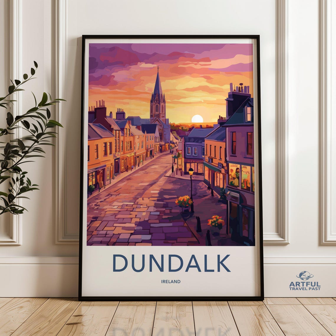Dundalk Ireland Sunset Travel Poster Evening Street Irish Town Scene