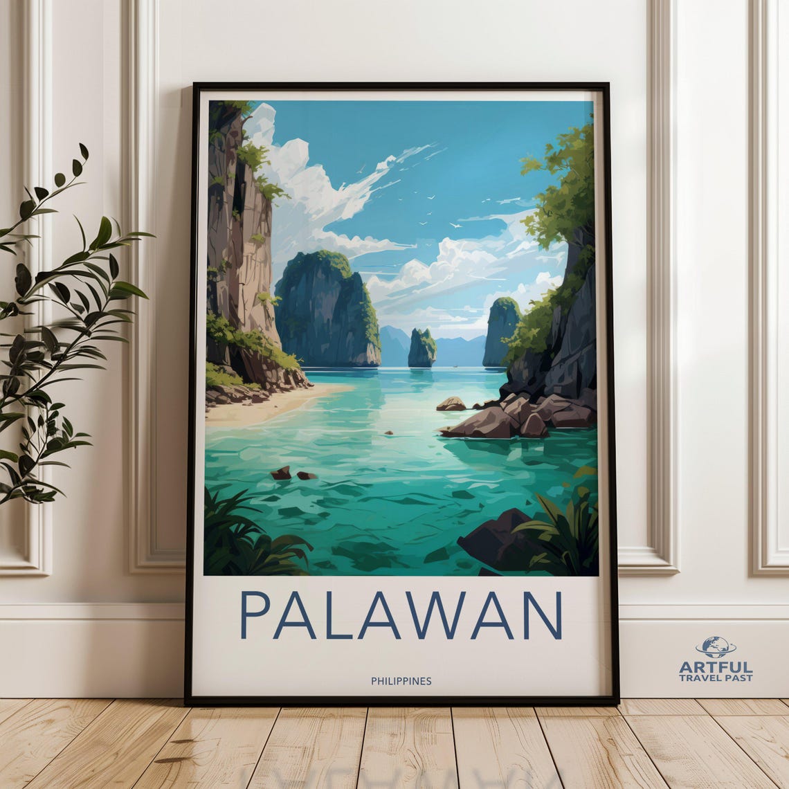 Palawan Philippines Limestone Cliffs Turquoise Bay Travel Poster