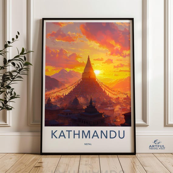Kathmandu Wall Art Sunset Cityscape Print Nepal Travel Poster Himalayan Landscape Artwork Vibrant Sunrise Illustration