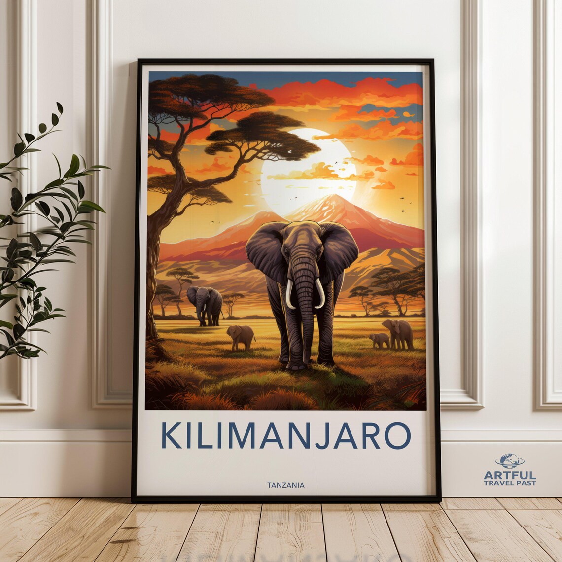 Kilimanjaro Tanzania Elephant Herd Sunset Safari Acacia Travel Poster