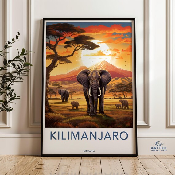 Kilimanjaro Wall Art Tanzania Landscape Print African Safari Decor Elephant Family Artwork Nature Scenery Poster Sunset View