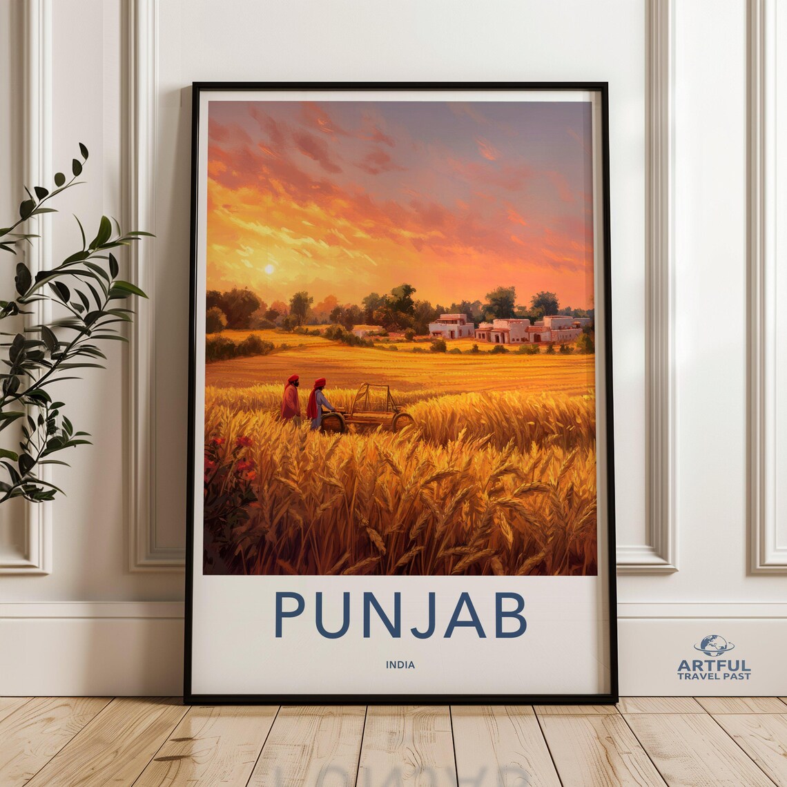 Punjab India Travel Poster, Sunset Wheat Field