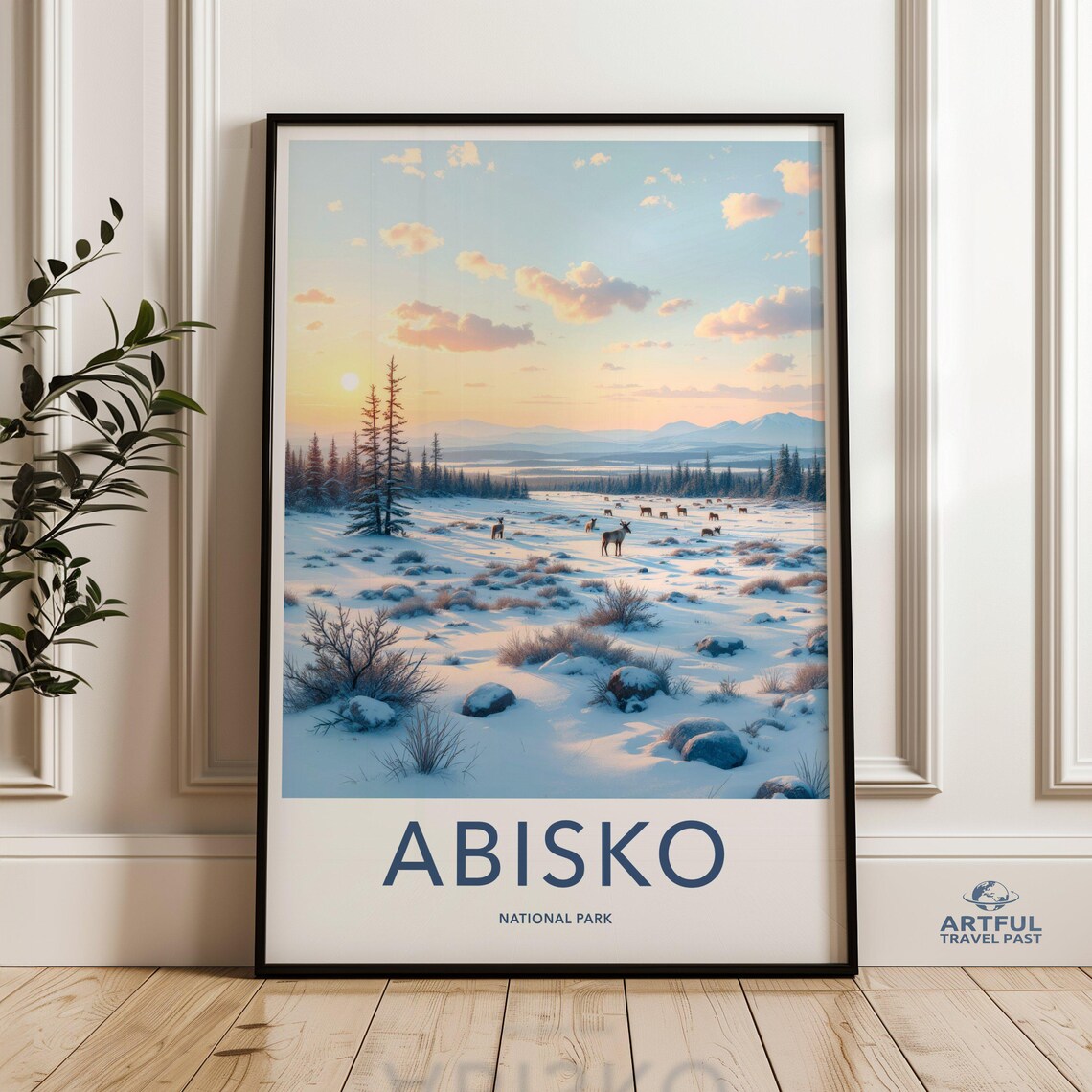 Abisko National Park Reindeer Snowy Sunrise Arctic Wildlife Poster