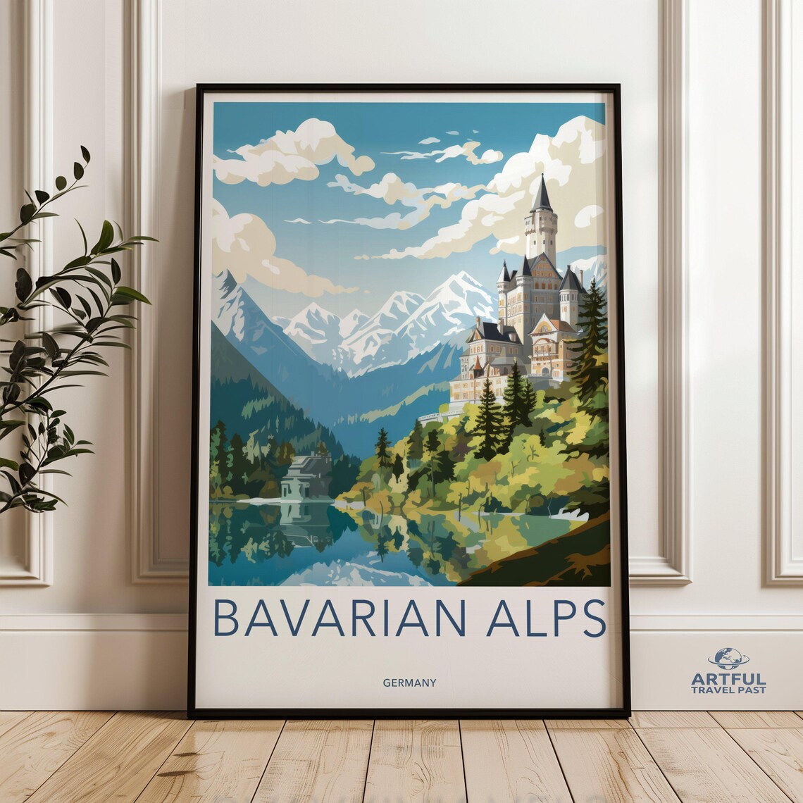 Bavarian Alps Germany Fairytale Castle Snow Peaks Lake Travel Poster