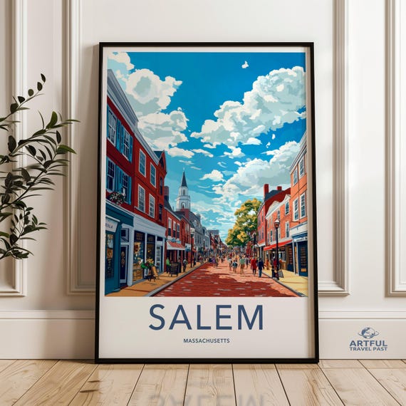Salem Massachusetts Cityscape Wall Art Print Historic Downtown Street Scene Poster Colorful Travel Souvenir Decor Scenic Artwork