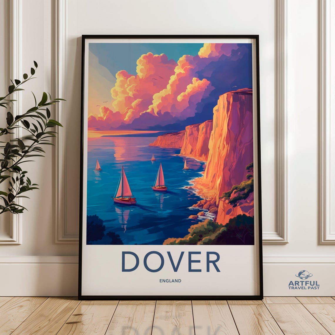 Dover England Sunset Sailboats White Cliffs Travel Poster Art