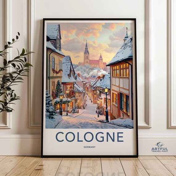 Cologne Germany Snowy Old Street Sunset Vintage Travel Poster Decor