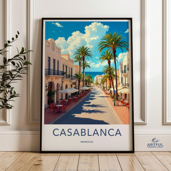 Casablanca Travel Poster Morocco Wall Art Retro City Print Vintage Style Decor Midcentury Modern Themed Artwork