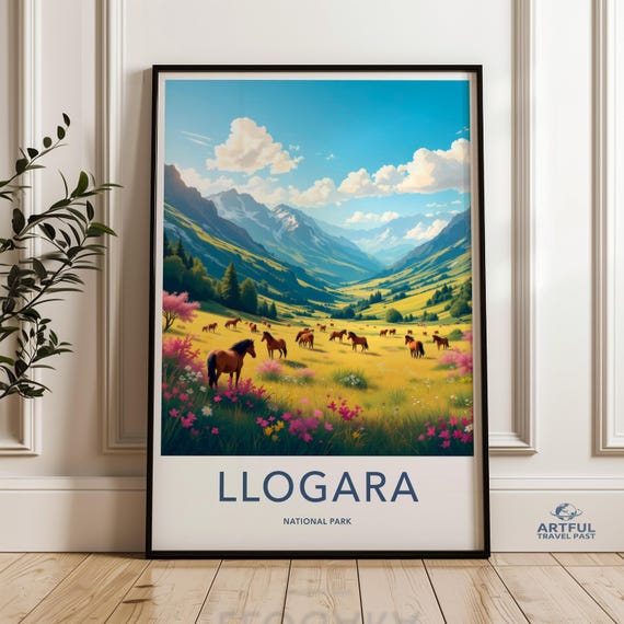 Llogara National Park Poster Albania Mountain Landscape Wall Art Scenic Nature Print Wild Horses Illustration Vibrant Countryside Decor
