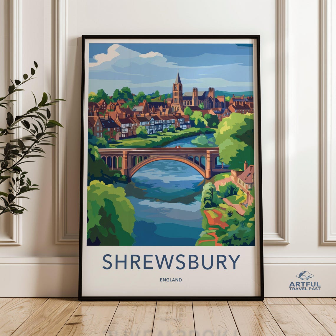 Shrewsbury England Historic River Bridge Vintage Cityscape Art Poster