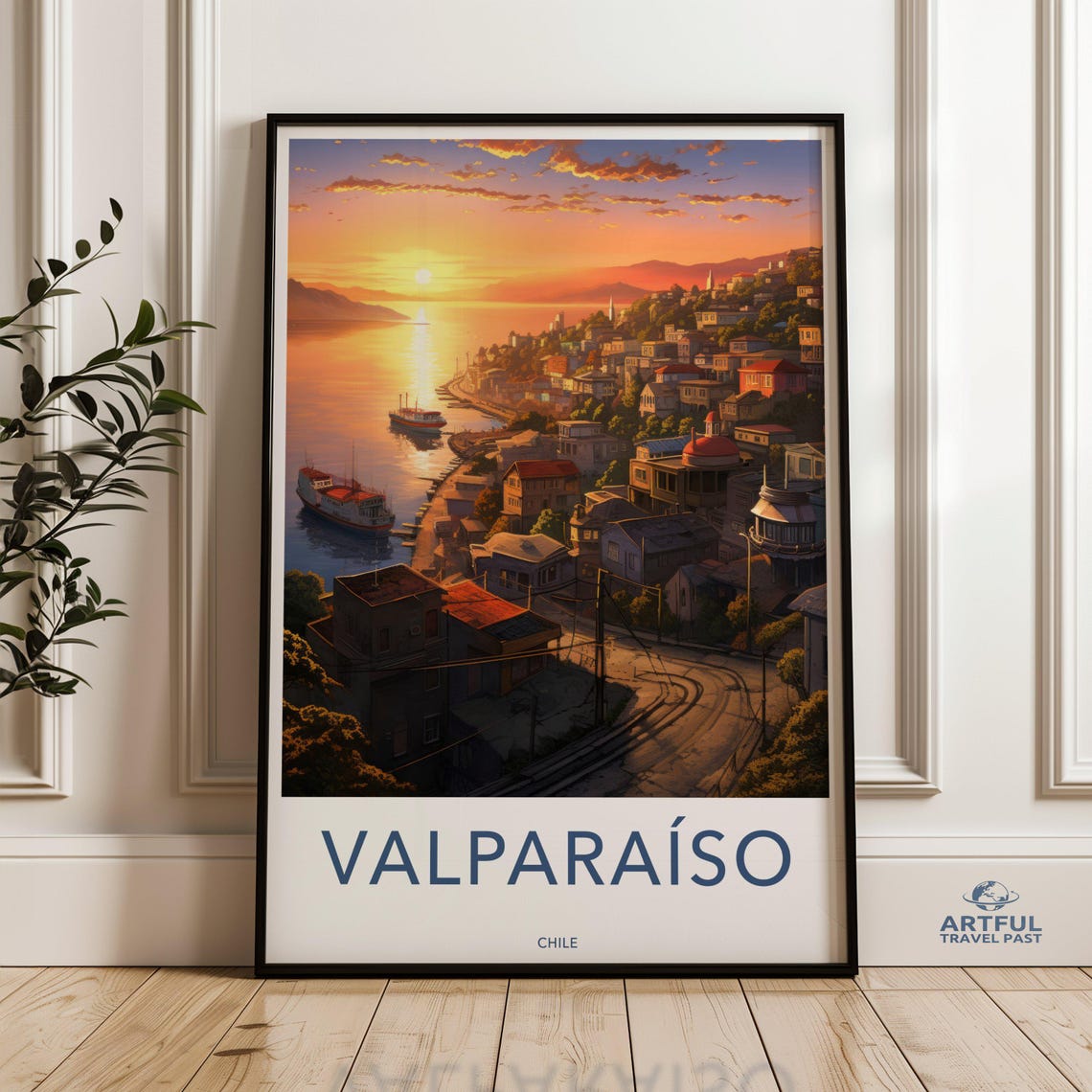 Valparaiso Chile Harbor Sunset Coastal Hills Vintage Travel Poster