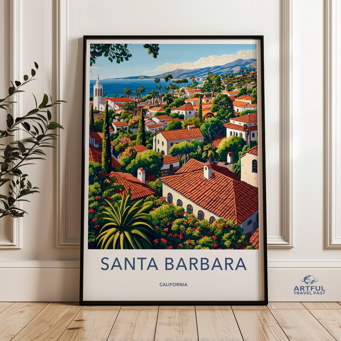 Santa Barbara California Terracotta Rooftops Ocean View Travel Poster
