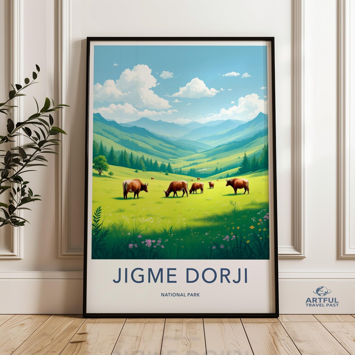 Jigme Dorji National Park Valley Grazing Cattle Travel Poster