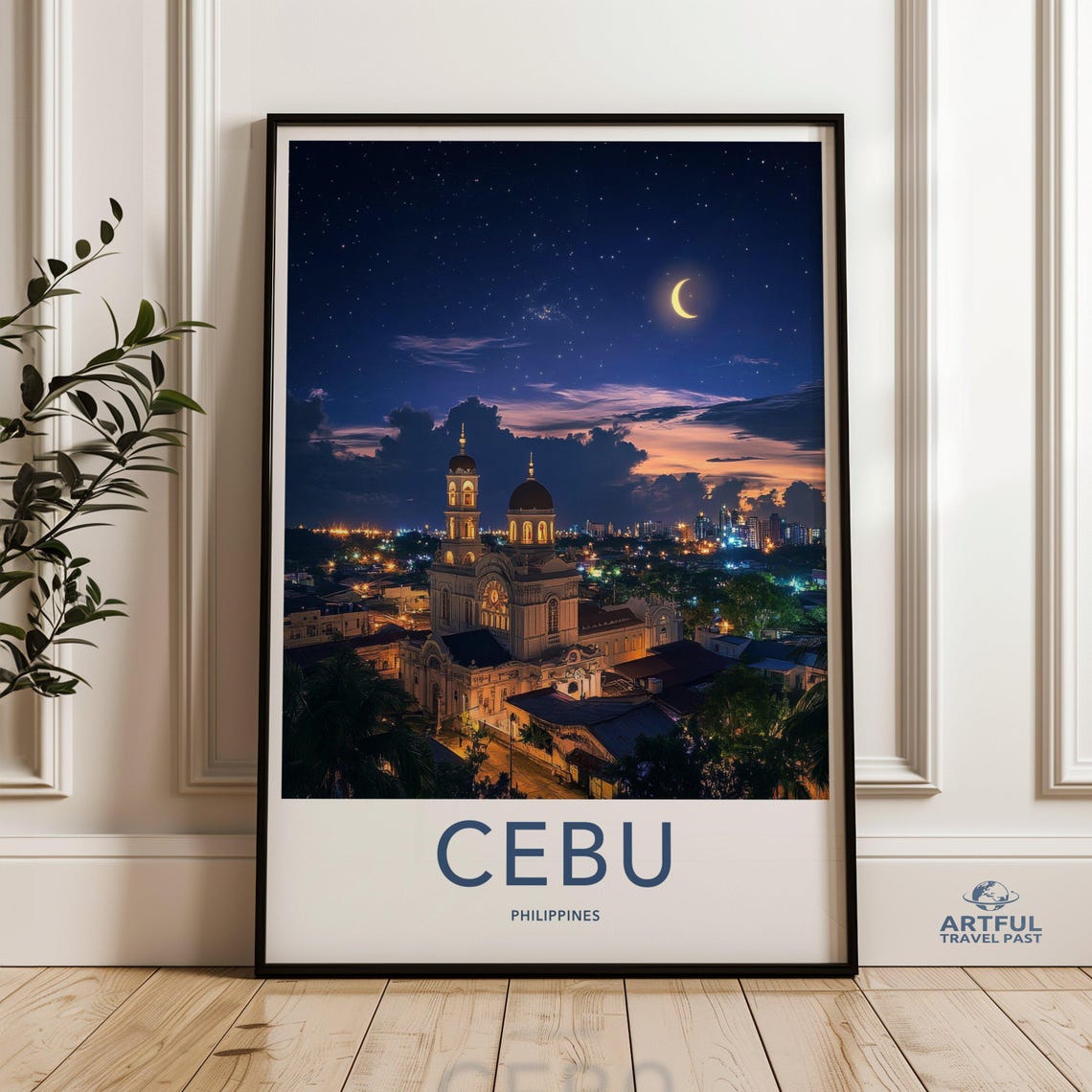 Cebu Philippines Night Skyline Crescent Moon Cathedral Travel Poster