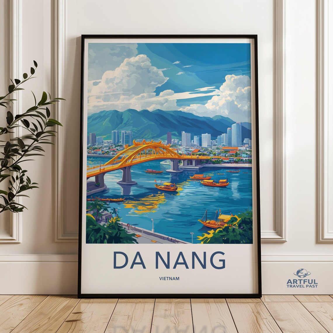 Da Nang Vietnam Dragon Bridge Travel Poster with Han River Boats