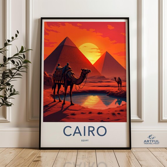 Cairo Egypt Pyramids Camel Oasis Golden Sunset Desert Poster