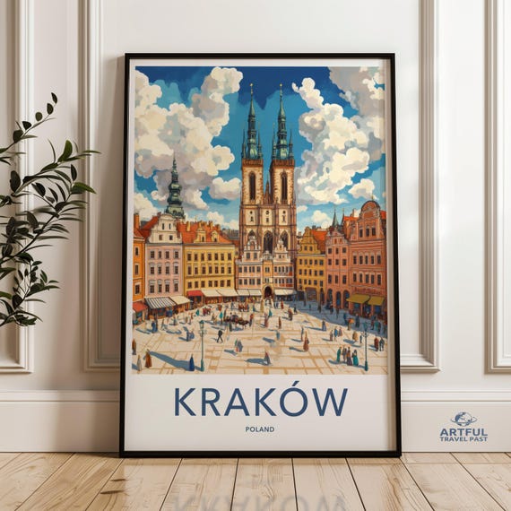 Krakw Poland Wall Art Old Town Square Print Historic Cityscape Poster European Travel Decor Vintage Style Artwork For Home