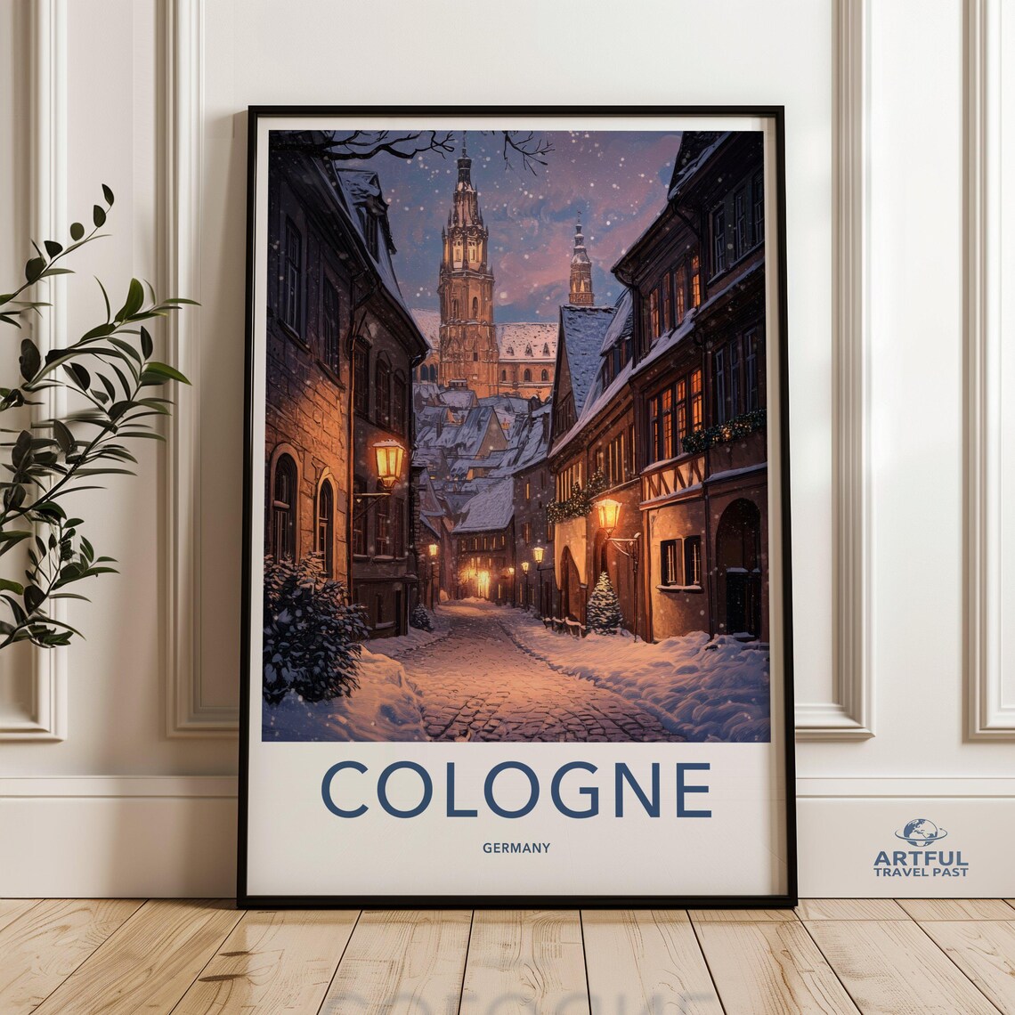 Cologne Germany Snowy Old Town Cathedral Street Dusk Travel Poster
