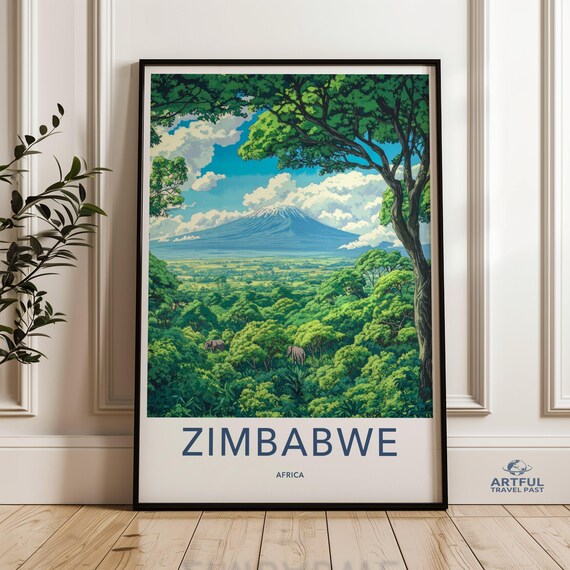 Zimbabwe Africa Elephant Forest Mountain Safari Travel Poster
