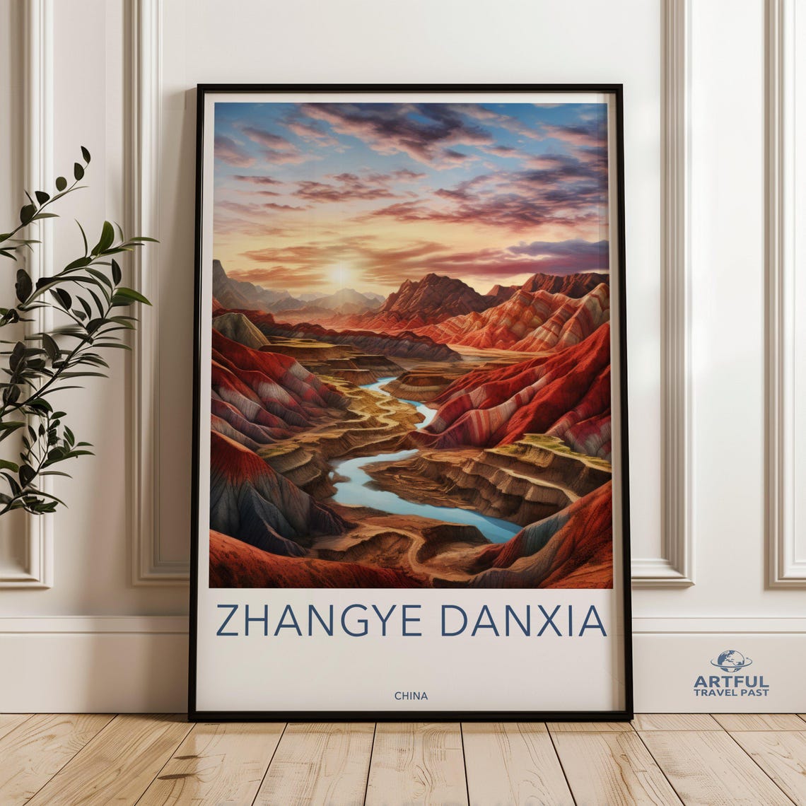Zhangye Danxia China Rainbow Striped Mountains Sunset Travel Poster