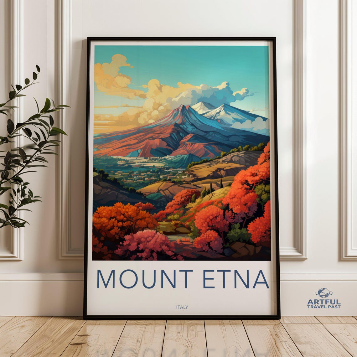 Mount Etna Italy Travel Poster Volcanic Mountain Landscape Art