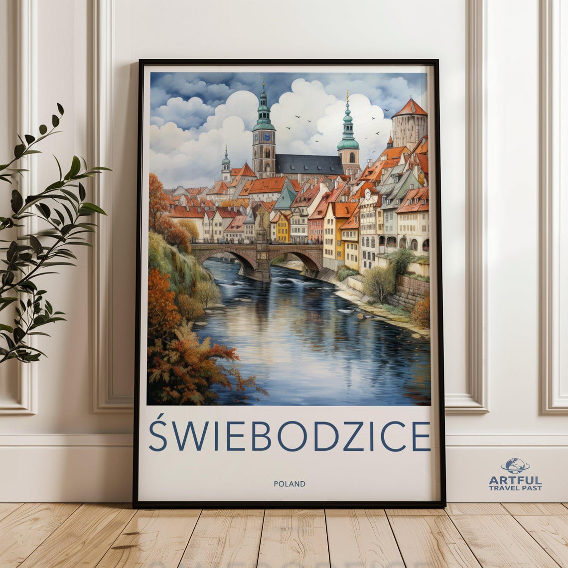 Swiebodzice Poland Old Town River Bridge Colorful Travel Poster