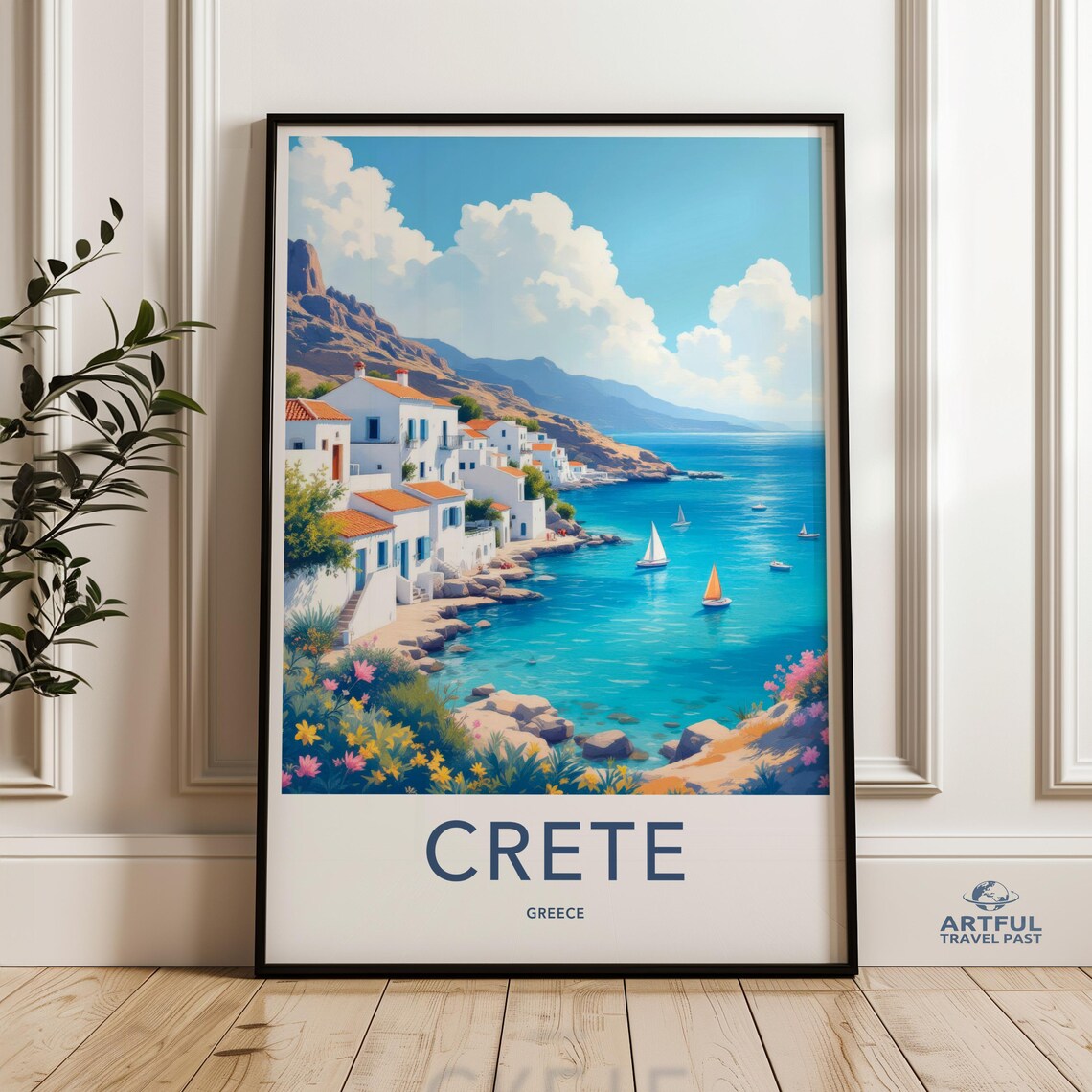 Crete Greece White Village Turquoise Bay Sailboats Travel Poster
