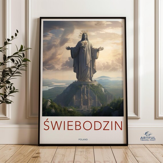 Swiebodzin Poland Christ the King Statue Travel Poster Sunset Art
