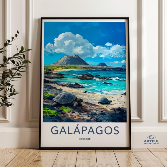 Galapagos Ecuador Giant Tortoises Volcano Beach Travel Poster