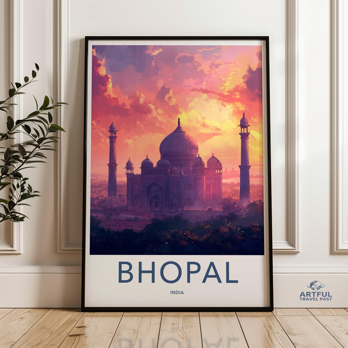 Bhopal India Sunset Domed Monument Minarets Golden Sky Travel Poster