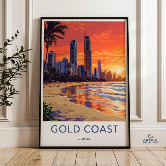 Gold Coast Australia Wall Art Travel Poster Sunset Beach Print City Skyline Decor Coastal Artwork Home Australian Souvenir