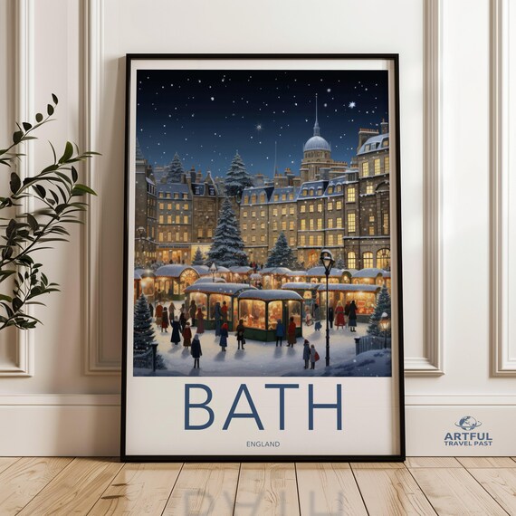 Bath England Winter Christmas Market Snowy Night Scene Poster