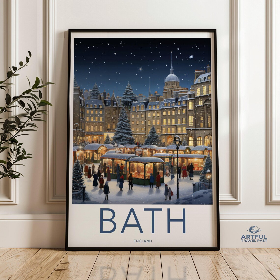 Bath England Winter Christmas Market Snowy Night Scene Poster