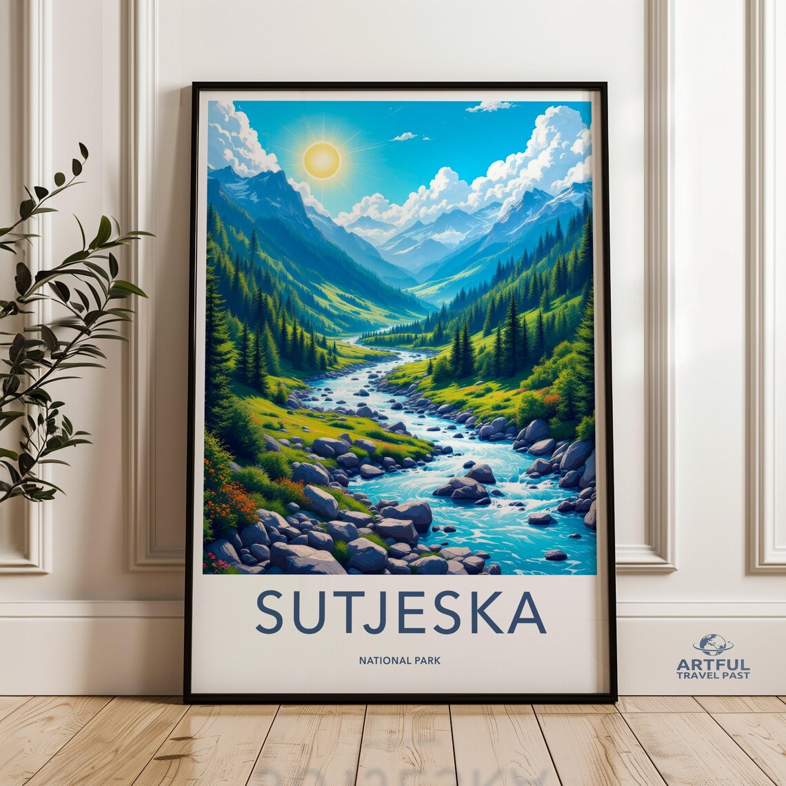 Sutjeska National Park Blue River Through Green Mountain Valley Travel Poster