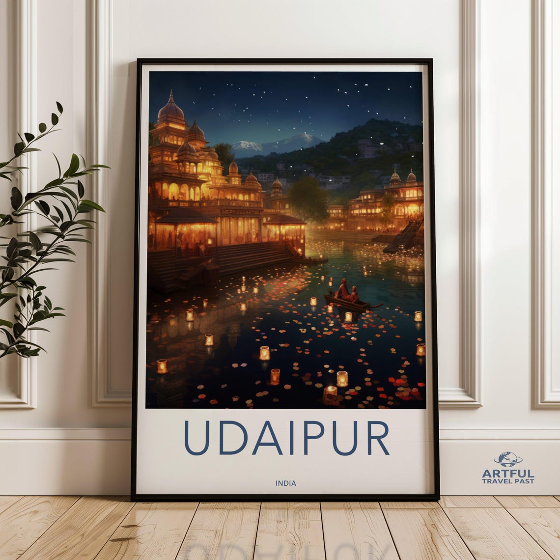 Udaipur India Night Lake Floating Lanterns Palace Lights Travel Poster