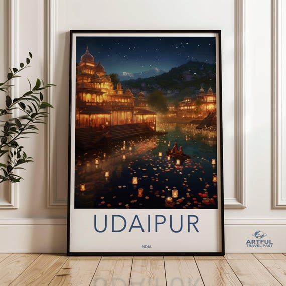 Udaipur City Nightscape Cityscape Wall Art India Decor Historic Print Scenic Urban Architectural Wonders Poster