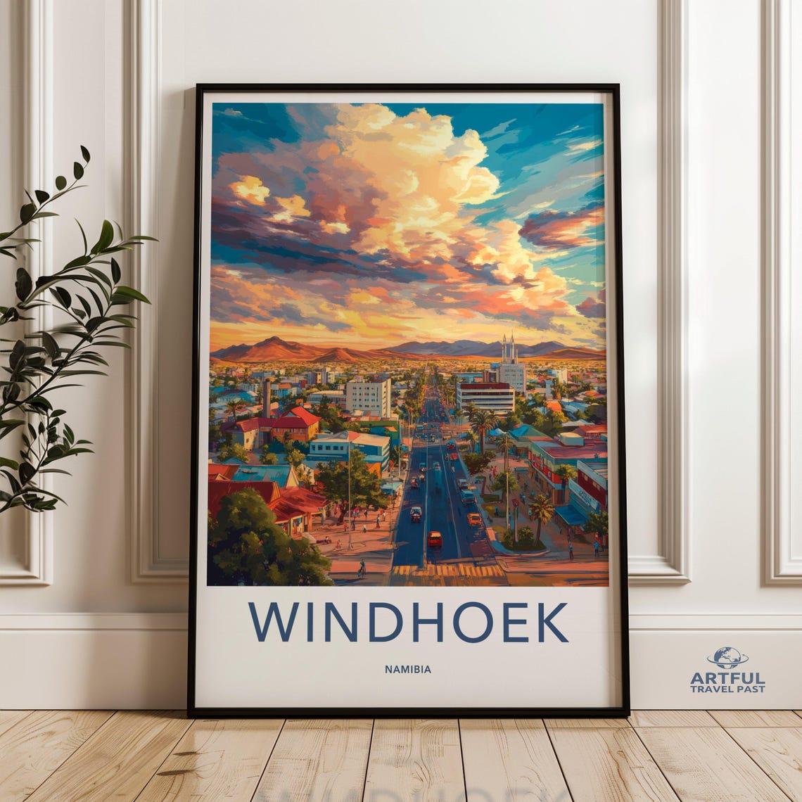 Windhoek Namibia Sunset Cityscape Dramatic Clouds Travel Poster