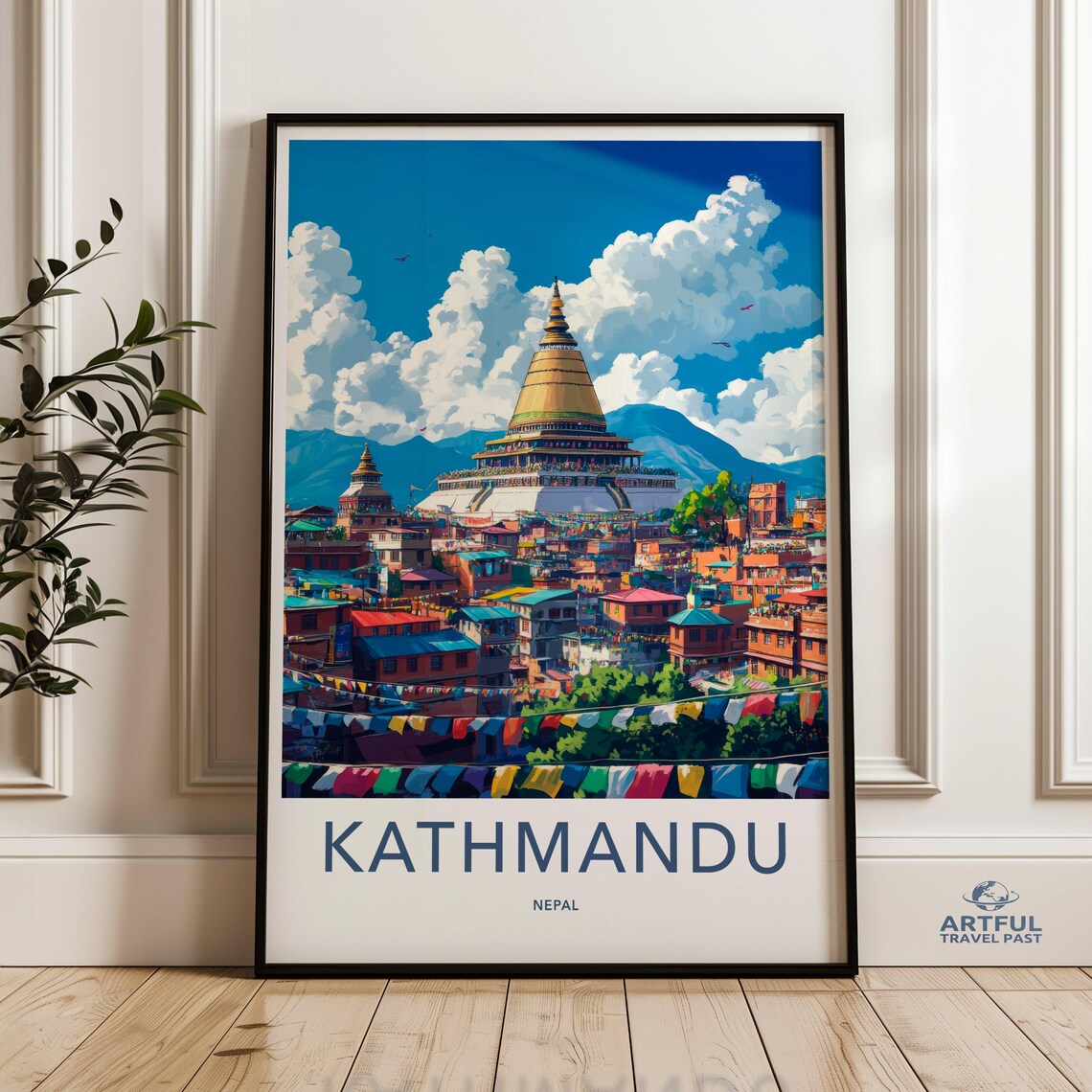 Kathmandu Cityscape Travel Poster, Nepal Architecture