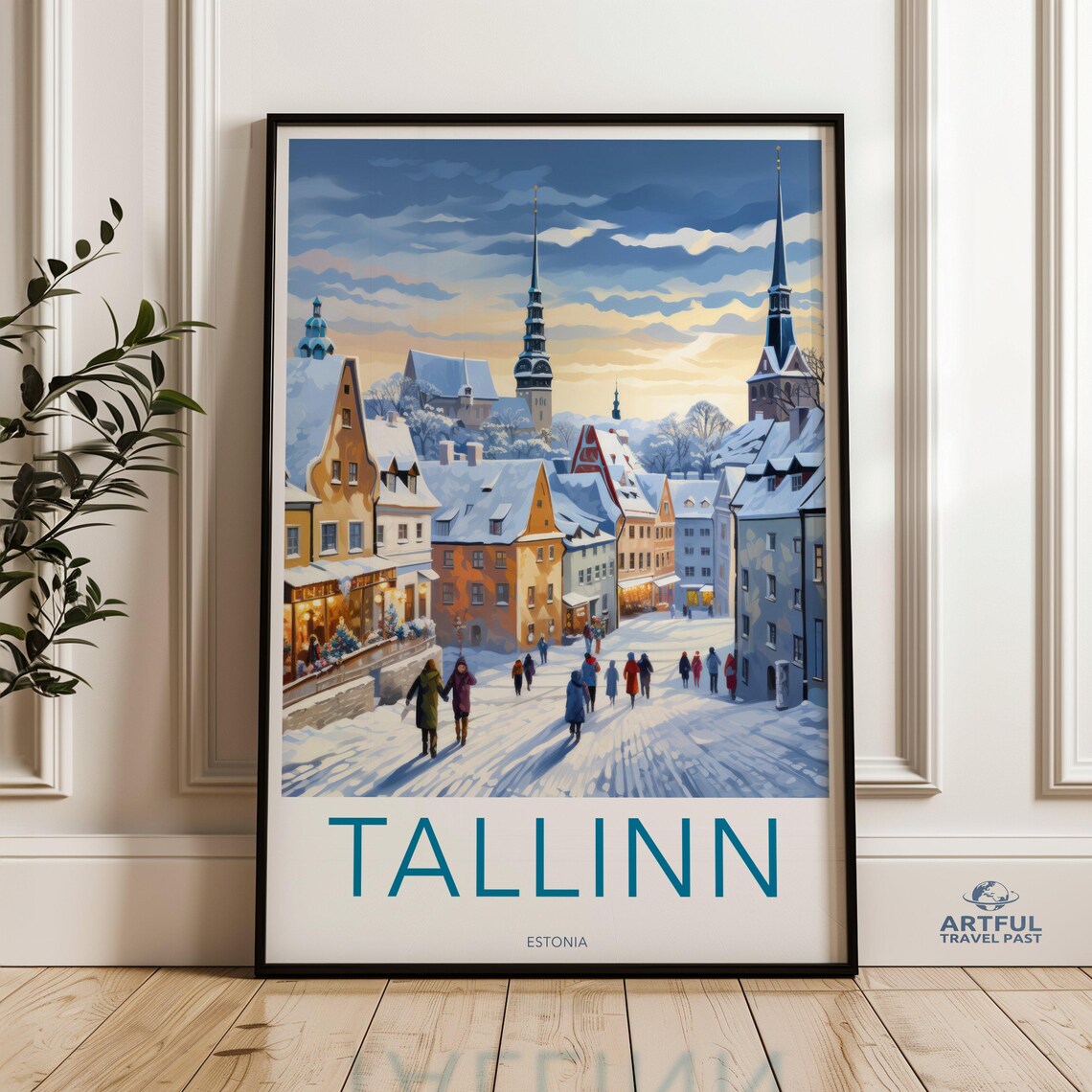 Tallinn Estonia Snowy Old Town Winter Evening Vintage Travel Poster