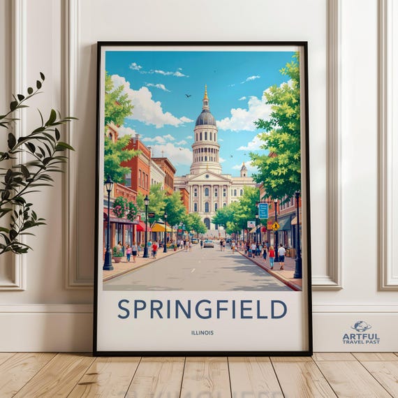 Springfield Illinois Wall Art Historic Town Print Cityscape Poster Colorful Street Scene Travel Souvenir Home Decor