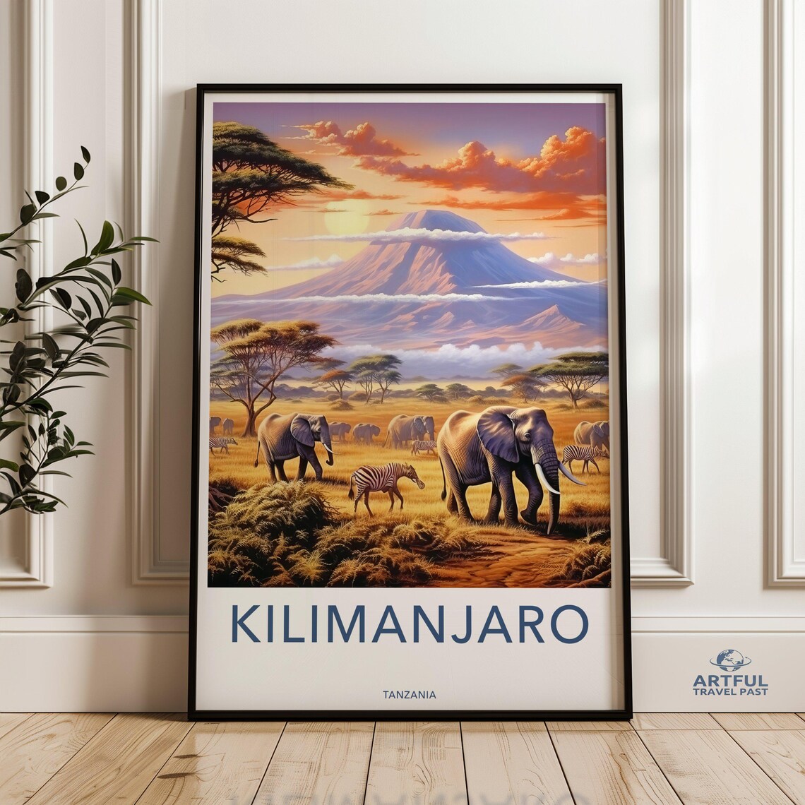 Kilimanjaro Tanzania African Elephants Sunset Safari Travel Poster