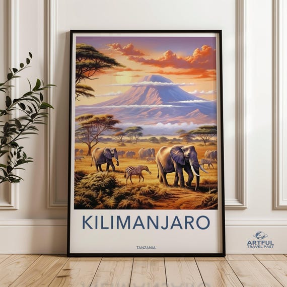Kilimanjaro Wall Art African Wildlife Print Mountain Landscape Nature Home Decor Travel Poster Elephant And Zebra Illustration