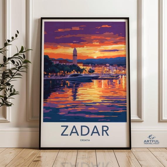 Zadar Croatia Cityscape Wall Art Sunset Coastal Print Modern Home Decor Boat And Waterfront Painting Vibrant Evening View
