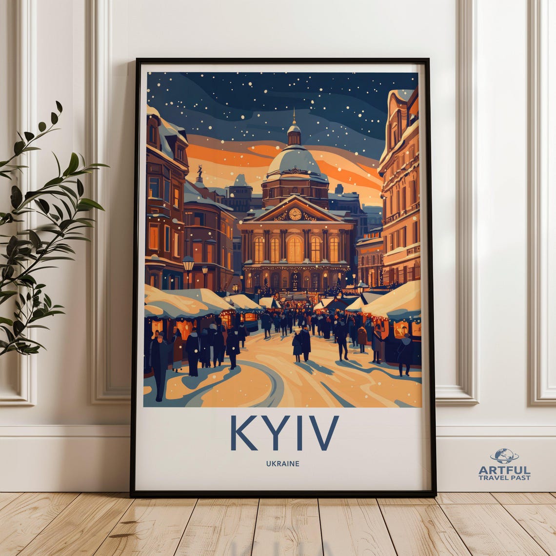 Kyiv Snowy Cityscape Wall Art Winter Urban Scene Print Cozy City Holiday Decor Historic Building Illustration Christmas Market