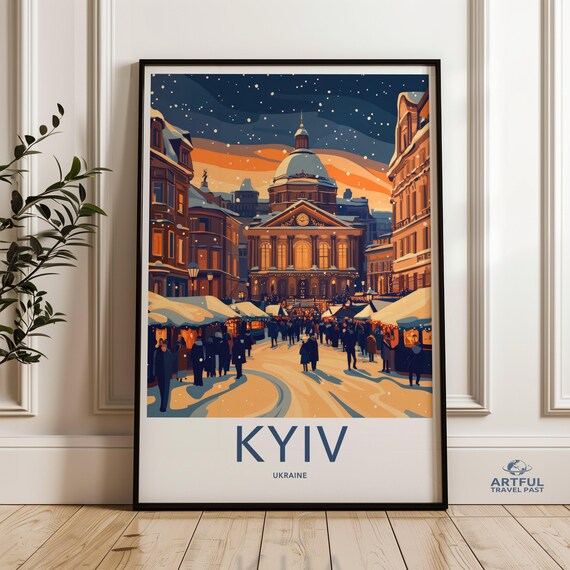 Kyiv Ukraine Snowy Christmas Market Night Vintage Travel Poster