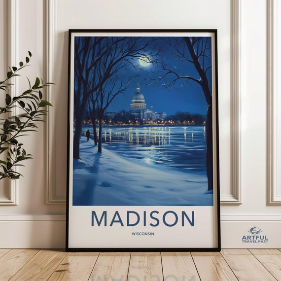 Madison Wisconsin Wall Art Cityscape Print Winter Night Scene Capitol Building Decor Blue Poster Moonlit Snow