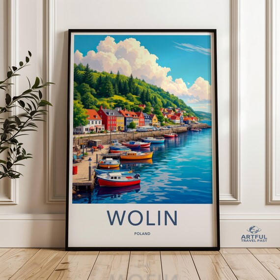 Wolin Poland Coastal Harbor Colorful Boats Seaside Travel Poster