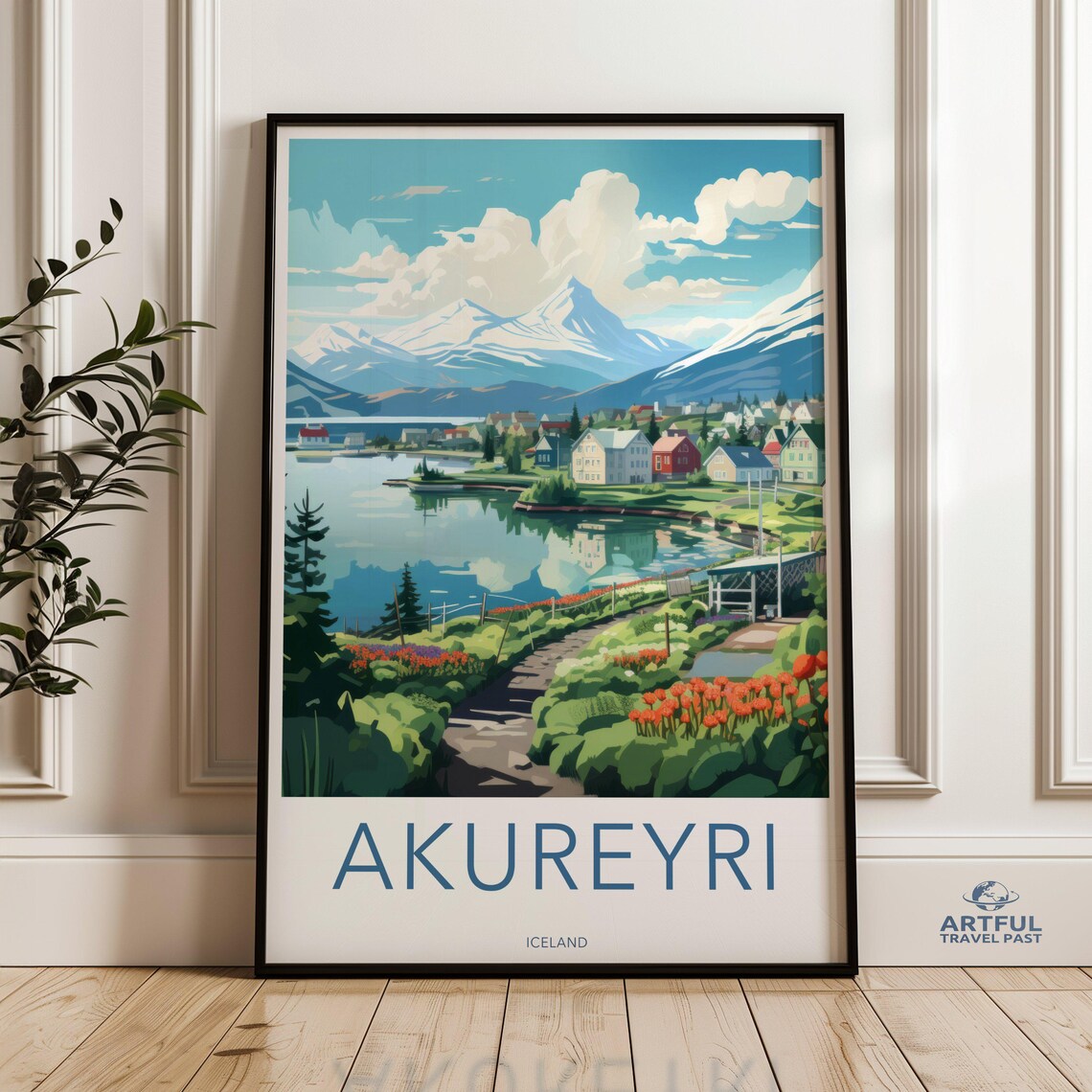 Akureyri Iceland Scenic Fjord Mountain Town Vintage Travel Poster