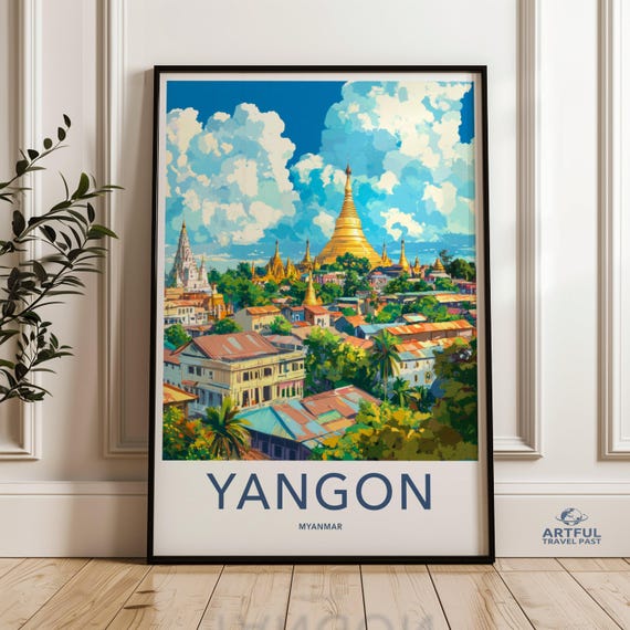 Yangon Myanmar Skyline Poster Colorful Wall Art Print Cityscape Decor Travel Southeast Asia Artwork Home