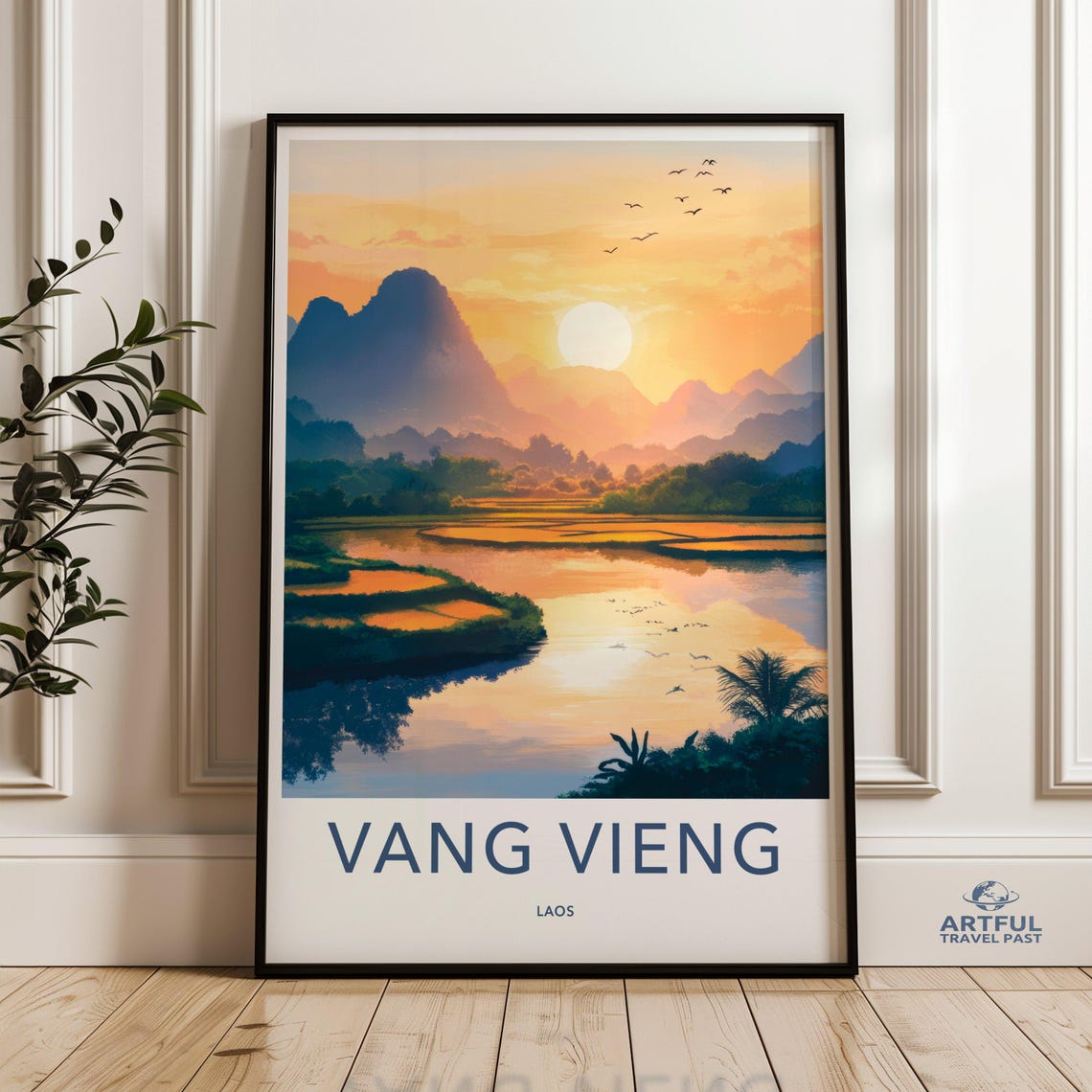 Vang Vieng Laos Sunset Karst Mountains River Vintage Travel Poster